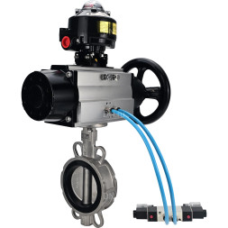 Затвор дисковый поворотный WBV3232N-2W-Fb-H Ду150 Ру16, корпус - нержавеющая сталь 316L, диск - нержавеющая сталь 316L, уплотнение - NBR, с пневмоприводом PA-DA-105-1 двойного действия, с пневмораспределителем 4V320-08 AC220V, с БКВ APL-510N EX
