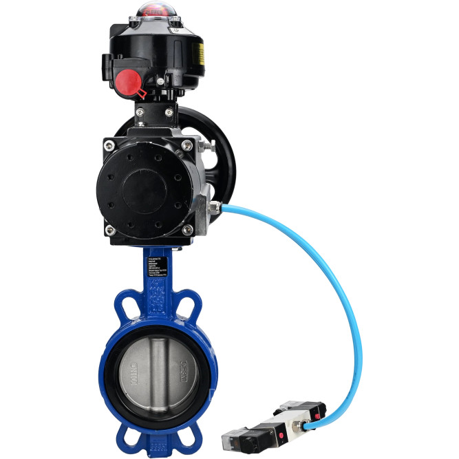 Затвор дисковый поворотный WBV1432E-2W-Fb-H Ду150 Ру16, корпус - чугун GGG50, диск - нержавеющая сталь 316L, уплотнение - EPDM, с пневмоприводом PA-DA-105-1 двойного действия, с пневмораспределителем 4V320-08 AC220V, с БКВ APL-510N-EX в Алматы