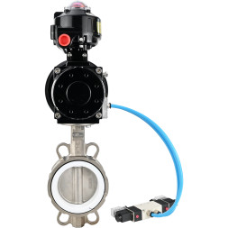 Затвор дисковый поворотный WBV3232P-2W-Fb-H Ду125 Ру16, корпус - нержавеющая сталь 316L, диск - нержавеющая сталь 316L, уплотнение - PTFE, с пневмоприводом PA-DA-105-1 двойного действия, с пневмораспределителем 4V320-10 AC220V, с БКВ APL-510N EX