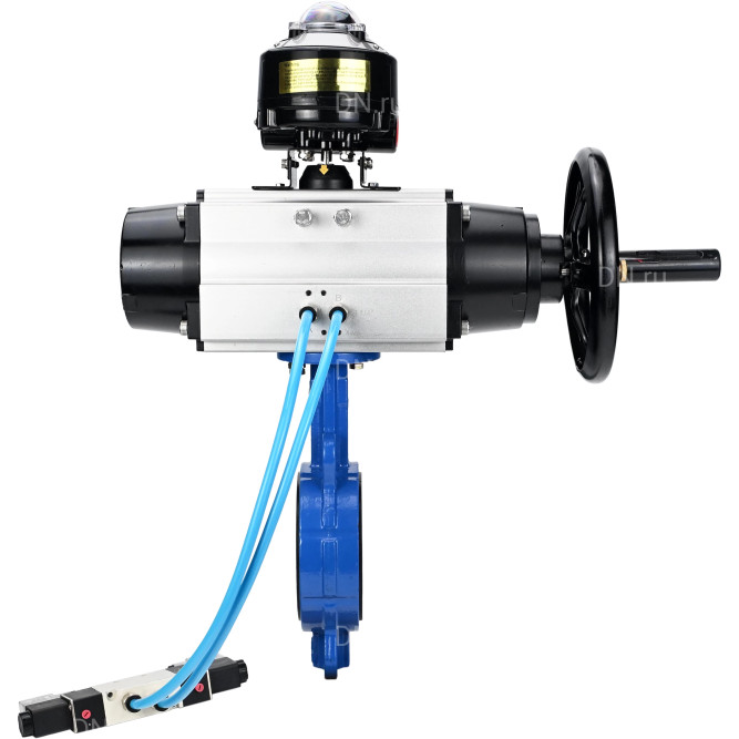 Затвор дисковый поворотный WBV1132N-2W-Fb-H Ду150 Ру16, корпус - чугун GG25, диск - нержавеющая сталь 316L, уплотнение - NBR, с пневмоприводом PA-DA-105-1 двойного действия, с пневмораспределителем 4V320-10 AC220V, с БКВ APL-510N-EX в Алматы