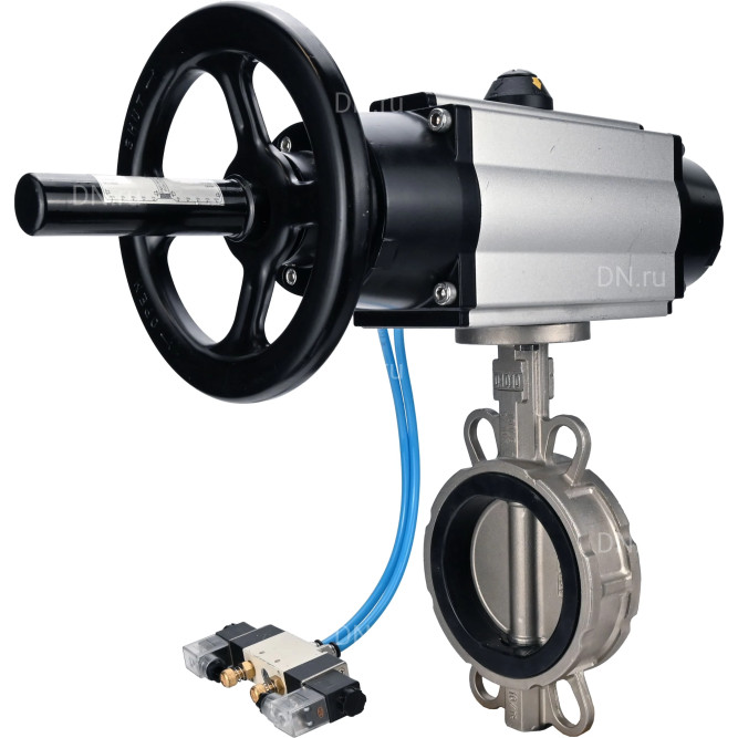 Затвор дисковый поворотный WBV3232N-2W-Fb-H Ду150 Ру16, корпус - нержавеющая сталь 316L, диск - нержавеющая сталь 316L, уплотнение - NBR, с пневмоприводом PA-DA-105-1 двойного действия, с пневмораспределителем 4V320-10 AC220V в Алматы