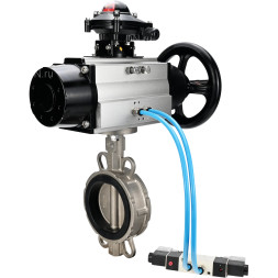 Затвор дисковый поворотный WBV3232N-2W-Fb-H Ду150 Ру16, корпус - нержавеющая сталь 316L, диск - нержавеющая сталь 316L, уплотнение - NBR, с пневмоприводом PA-DA-105-1 двойного действия, с пневмораспределителем 4V320-10 AC220V, с БКВ APL-210N