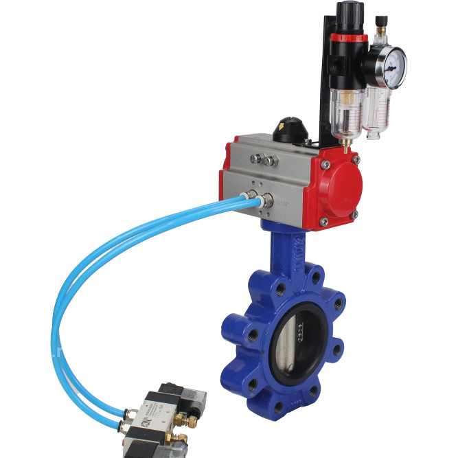 Затвор дисковый поворотный WBV1616E-2W-Fb-H Ду100 Ру16 LUG корпус - чугун QT450, диск - чугун QT450, уплотнение - EPDM, с пневмоприводом PA-DA-083, пневмораспределителем 4V320-08 AC220V и БПВ AFC2000 в Алматы