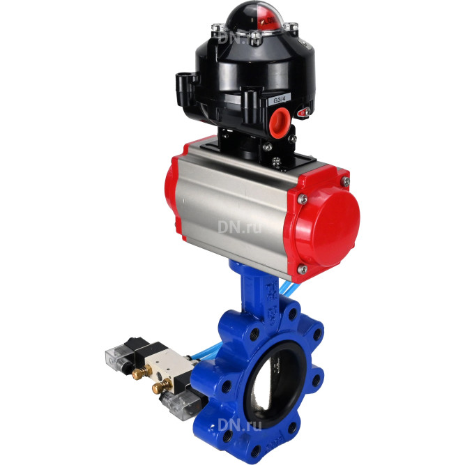 Затвор дисковый поворотный WBV1616N-2W-Fb-H Ду100 Ру16 LUG корпус - чугун QT450, диск - чугун QT450, уплотнение - NBR, с пневмоприводом PA-DA-083, пневмораспределителем 4V320-08 AC220V и БКВ APL-510N EX в Алматы