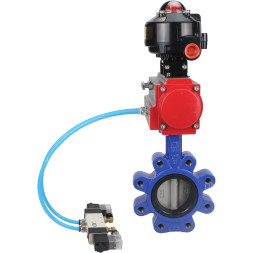 Затвор дисковый поворотный WBV1631N-2W-Fb-H Ду125 Ру16 LUG корпус - чугун QT450, диск - нержавеющая сталь 304, уплотнение - NBR, с пневмоприводом PA-DA-105, пневмораспределителем 4V320-08 AC220V и БКВ APL-510N EX