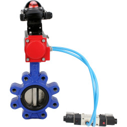 Затвор дисковый поворотный WBV1616N-2W-Fb-H Ду100 Ру16 LUG корпус - чугун QT450, диск - чугун QT450, уплотнение - NBR, с пневмоприводом PA-DA-083, пневмораспределителем 4V320-08 AC220V и БКВ APL-210N