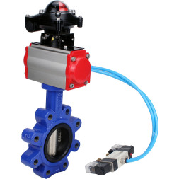 Затвор дисковый поворотный WBV1616N-2W-Fb-H Ду100 Ру16 LUG корпус - чугун QT450, диск - чугун QT450, уплотнение - NBR, с пневмоприводом PA-DA-083, пневмораспределителем 4V320-08 AC220V и БКВ APL-210N