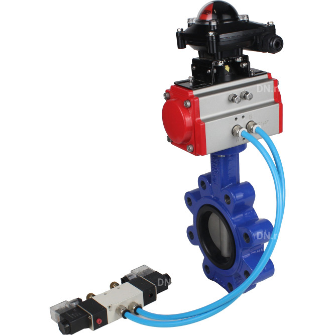 Затвор дисковый поворотный WBV1631E-2W-Fb-H Ду150 Ру16 LUG корпус - чугун QT450, диск - нержавеющая сталь 304, уплотнение - EPDM, с пневмоприводом PA-DA-105, пневмораспределителем 4V320-08 AC220V и БКВ APL-210N в Алматы