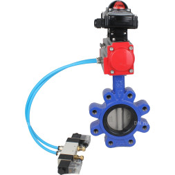 Затвор дисковый поворотный WBV1631N-2W-Fb-H Ду80 Ру16 LUG корпус - чугун QT450, диск - нержавеющая сталь 304, уплотнение - NBR, с пневмоприводом PA-DA-083, пневмораспределителем 4V320-08 AC220V и БКВ APL-210N