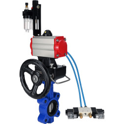 Затвор дисковый поворотный WBV1631N-2W-Fb-H Ду125 Ру16 LUG корпус - чугун QT450, диск - нержавеющая сталь 304, уплотнение - NBR, с пневмоприводом PA-DA-105, пневмораспределителем 4V320-10 AC220V, редуктором MON3-700-T38-ISO и БПВ AFC2000