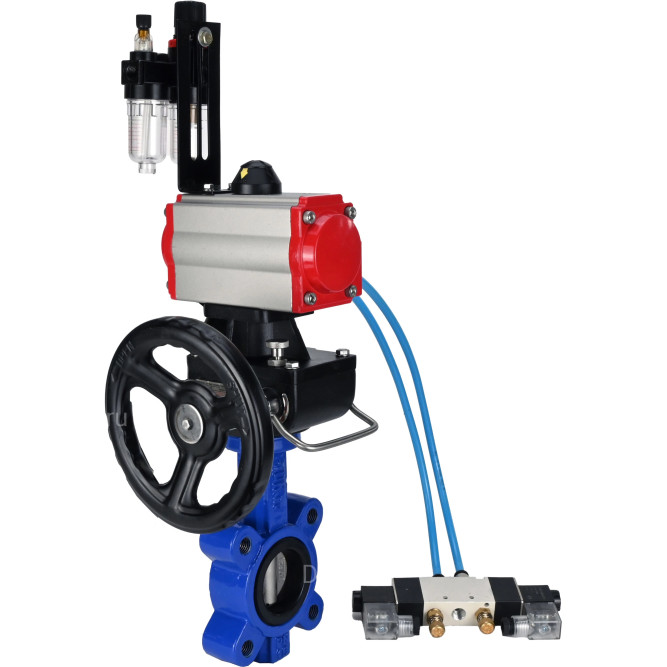 Затвор дисковый поворотный WBV1631N-2W-Fb-H Ду125 Ру16 LUG корпус - чугун QT450, диск - нержавеющая сталь 304, уплотнение - NBR, с пневмоприводом PA-DA-105, пневмораспределителем 4V320-10 AC220V, редуктором MON3-700-T38-ISO и БПВ AFC2000 в Алматы