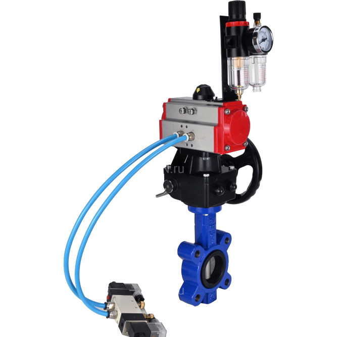 Затвор дисковый поворотный WBV1631N-2W-Fb-H Ду125 Ру16 LUG корпус - чугун QT450, диск - нержавеющая сталь 304, уплотнение - NBR, с пневмоприводом PA-DA-105, пневмораспределителем 4V320-10 AC220V, редуктором MON3-700-T38-ISO и БПВ AFC2000 в Алматы