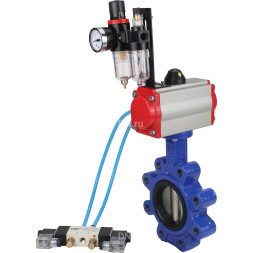 Затвор дисковый поворотный WBV1616E-2W-Fb-H Ду65 Ру16 LUG корпус - чугун QT450, диск - чугун QT450, уплотнение - EPDM, с пневмоприводом PA-SA-105, пневмораспределителем 4V320-08 AC220V и БПВ AFC2000