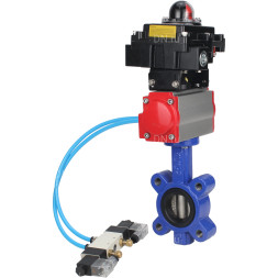 Затвор дисковый поворотный WBV1616E-2W-Fb-H Ду65 Ру16 LUG корпус - чугун QT450, диск - чугун QT450, уплотнение - EPDM, с пневмоприводом PA-SA-105, пневмораспределителем 4V320-08 AC220V и БКВ APL-410N EX
