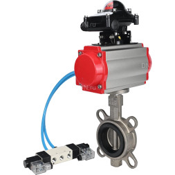 Затвор дисковый поворотный WBV3131V-2W-Fb-H Ду65 Ру16, корпус - нержавеющая сталь 304, диск - нержавеющая сталь 304, уплотнение - VITON, с пневмоприводом PA-SA-105, пневмораспределителем 4V320-10 AC220V и БКВ APL-210N