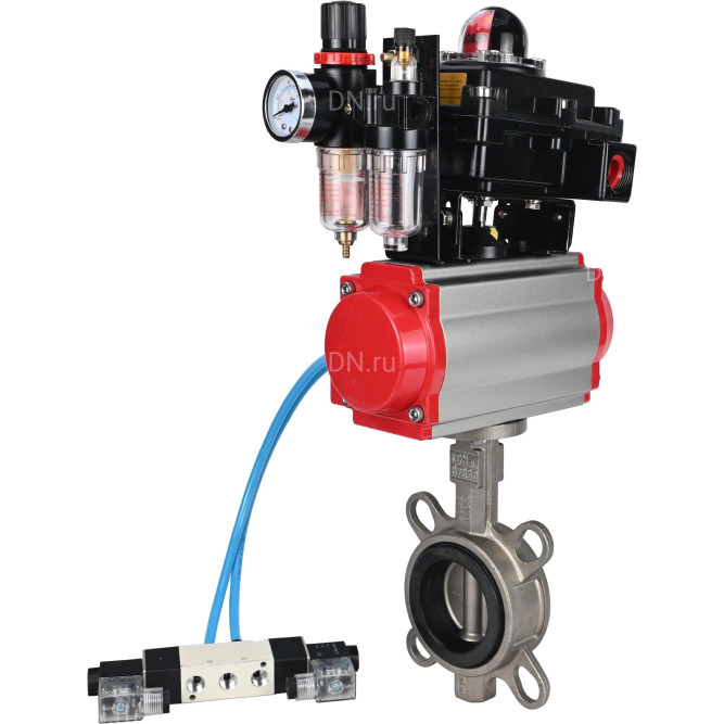 Затвор дисковый поворотный WBV3131E-2W-Fb-H Ду100 Ру16, корпус - нержавеющая сталь 304, диск - нержавеющая сталь 304, уплотнение - EPDM, с пневмоприводом PA-SA-130, пневмораспределителем 4V320-10 AC220V, БКВ APL-410N EX и БПВ AFC2000 в Алматы