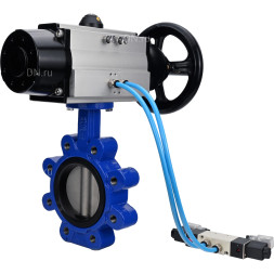Затвор дисковый поворотный WBV1631E-2W-Fb-H Ду150 Ру16 LUG корпус - чугун QT450, диск - нержавеющая сталь 304, уплотнение - EPDM, с пневмоприводом PA-DA-105-1 и пневмораспределителем 4V320-10 AC220V