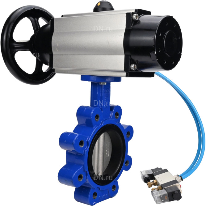 Затвор дисковый поворотный WBV1631E-2W-Fb-H Ду150 Ру16 LUG корпус - чугун QT450, диск - нержавеющая сталь 304, уплотнение - EPDM, с пневмоприводом PA-DA-105-1 и пневмораспределителем 4V320-10 AC220V в Алматы