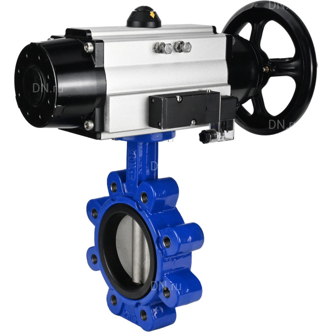 Затвор дисковый поворотный WBV1631N-2W-Fb-H Ду125 Ру16 LUG корпус - чугун QT450, диск - нержавеющая сталь 304, уплотнение - NBR, с пневмоприводом PA-DA-105-1 и пневмораспределителем 4M310-08 DC24V в Алматы