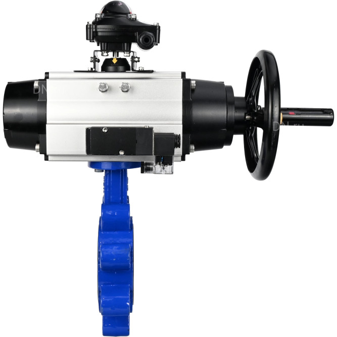 Затвор дисковый поворотный WBV1616E-2W-Fb-H Ду125 Ру16 LUG корпус - чугун QT450, диск - чугун QT450, уплотнение - EPDM, с пневмоприводом PA-DA-105-1, пневмораспределителем 4M310-08 AC220V и БКВ APL-210N в Алматы