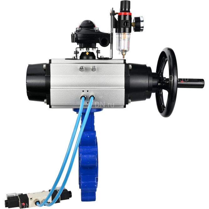 Затвор дисковый поворотный WBV1616N-2W-Fb-H Ду125 Ру16 LUG корпус - чугун QT450, диск - чугун QT450, уплотнение - NBR, с пневмоприводом PA-DA-105-1, пневмораспределителем 4V320-08 AC220V, БКВ APL-210N и БПВ AFC2000 в Алматы