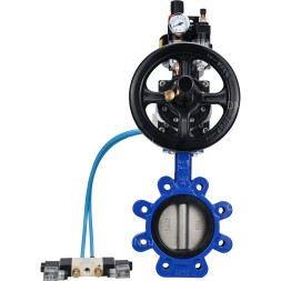 Затвор дисковый поворотный WBV1631N-2W-Fb-H Ду125 Ру16 LUG корпус - чугун QT450, диск - нержавеющая сталь 304, уплотнение - NBR, с пневмоприводом PA-DA-105-1, пневмораспределителем 4V320-08 AC220V, БКВ APL-510N EX и БПВ AFC2000