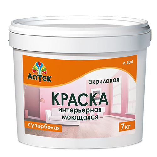 Краска интерьерная моющаяся супербелая "ЛАТЕК" 7кг. Л 204/80