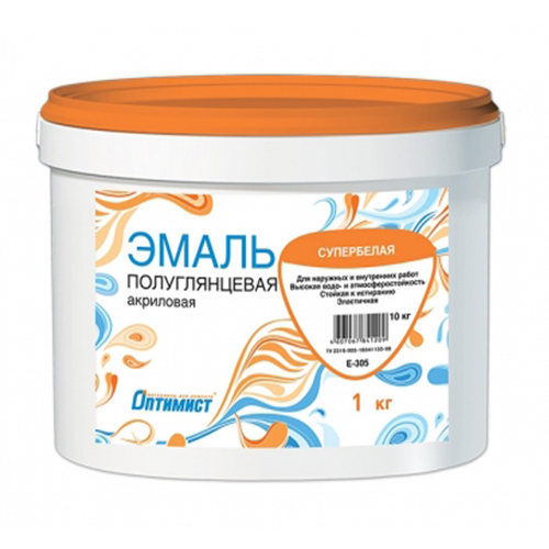 Эмаль акриловая супербелая полуглянцевая "Оптимист" 1кг. E 305