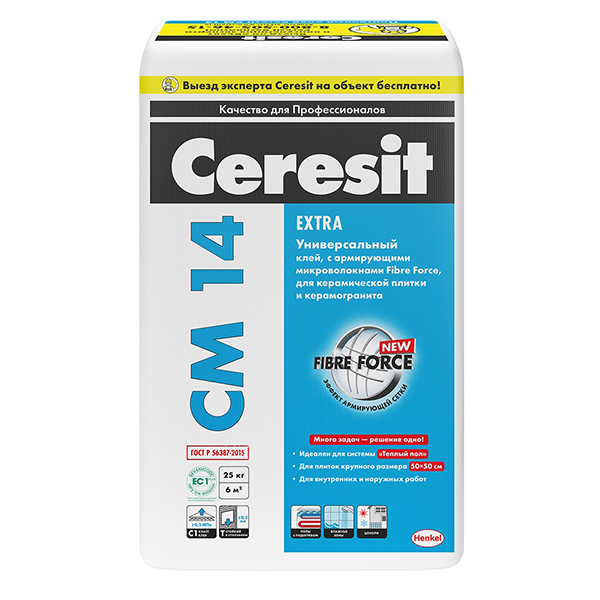 Клей цементный Ceresit CM-14 для керам. плитки и керамогранита для наружных/внутренних работ 25кг/48