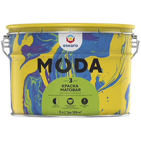 Краска моющаяся матовая Eskaro Moda 3 база TR для стен и потолков 9л.