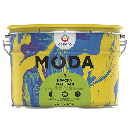 Краска моющаяся матовая Eskaro Moda 3 для стен и потолков 9л.