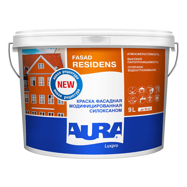 Краска фасадная модифицированная силоксаном Aura Luxpro Residens 9л.