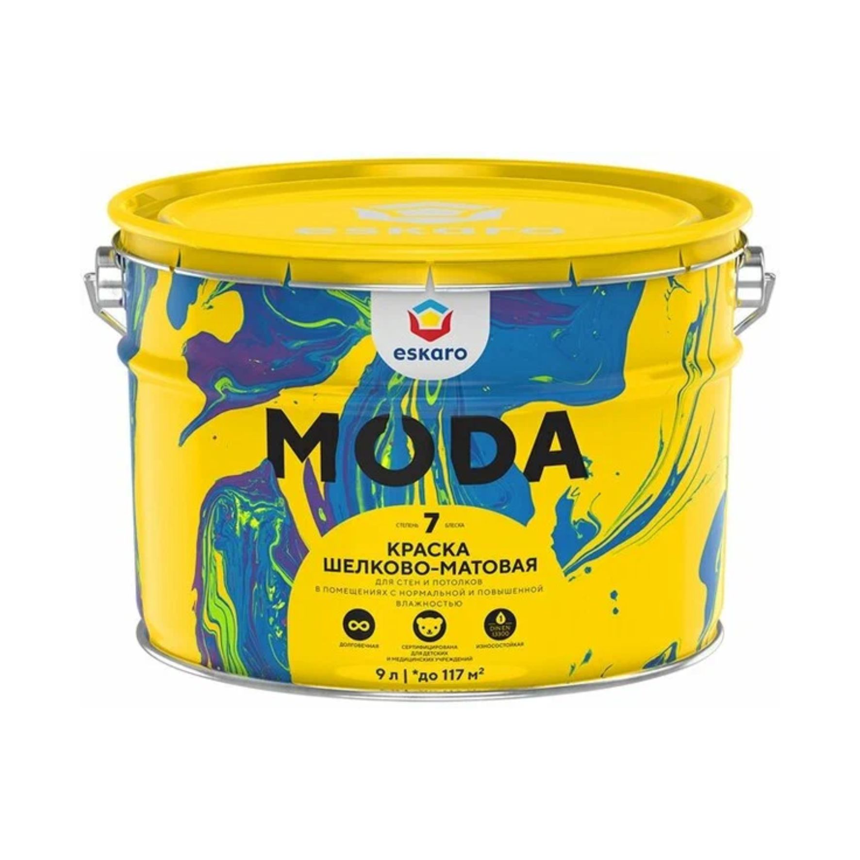 Краска матовая долговечная Eskaro Moda 7 база TR для стен и потолков 9л.