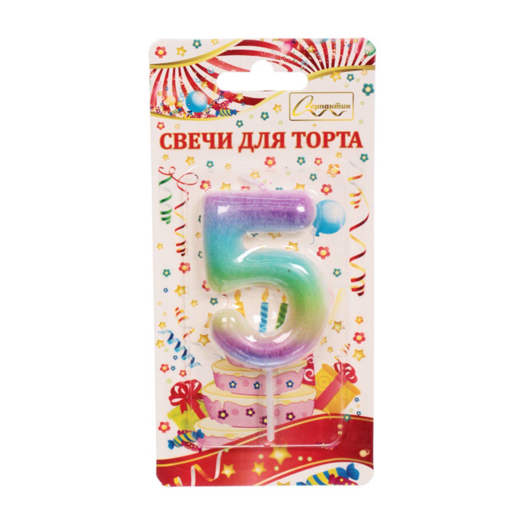 Свеча для торта Цифра Радуга "5" 6*4 см