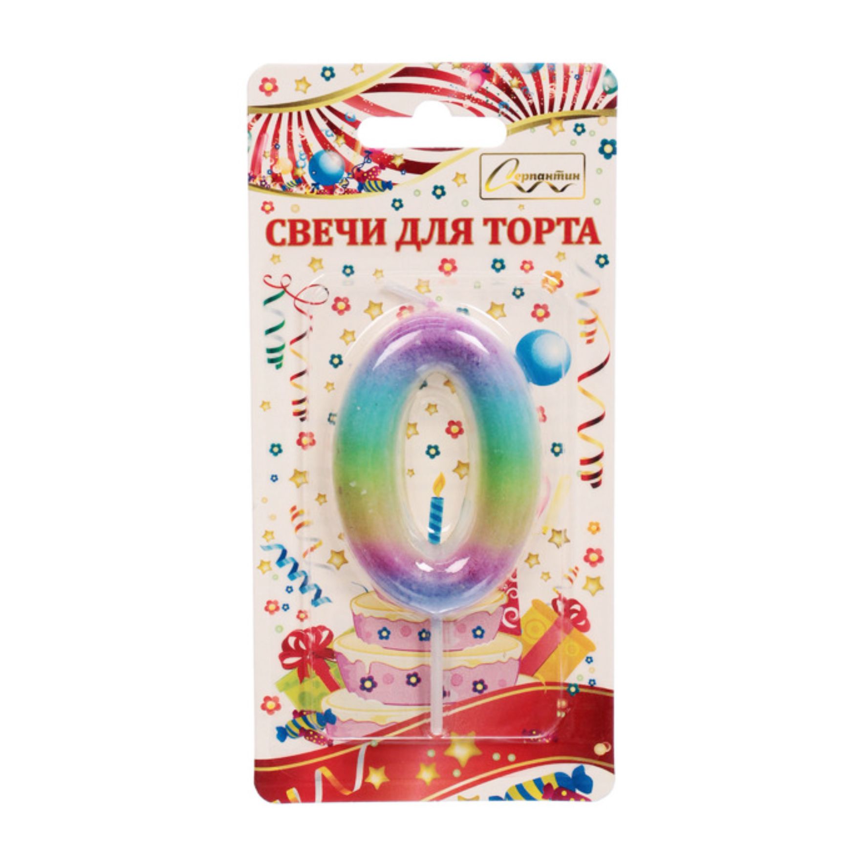 Свеча для торта Цифра Радуга "0" 6*4 см