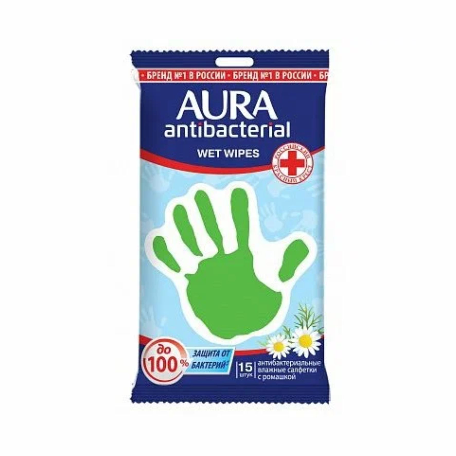 Салфетки влажные антибактериальные Aura "Ромашка" 15шт. 29544