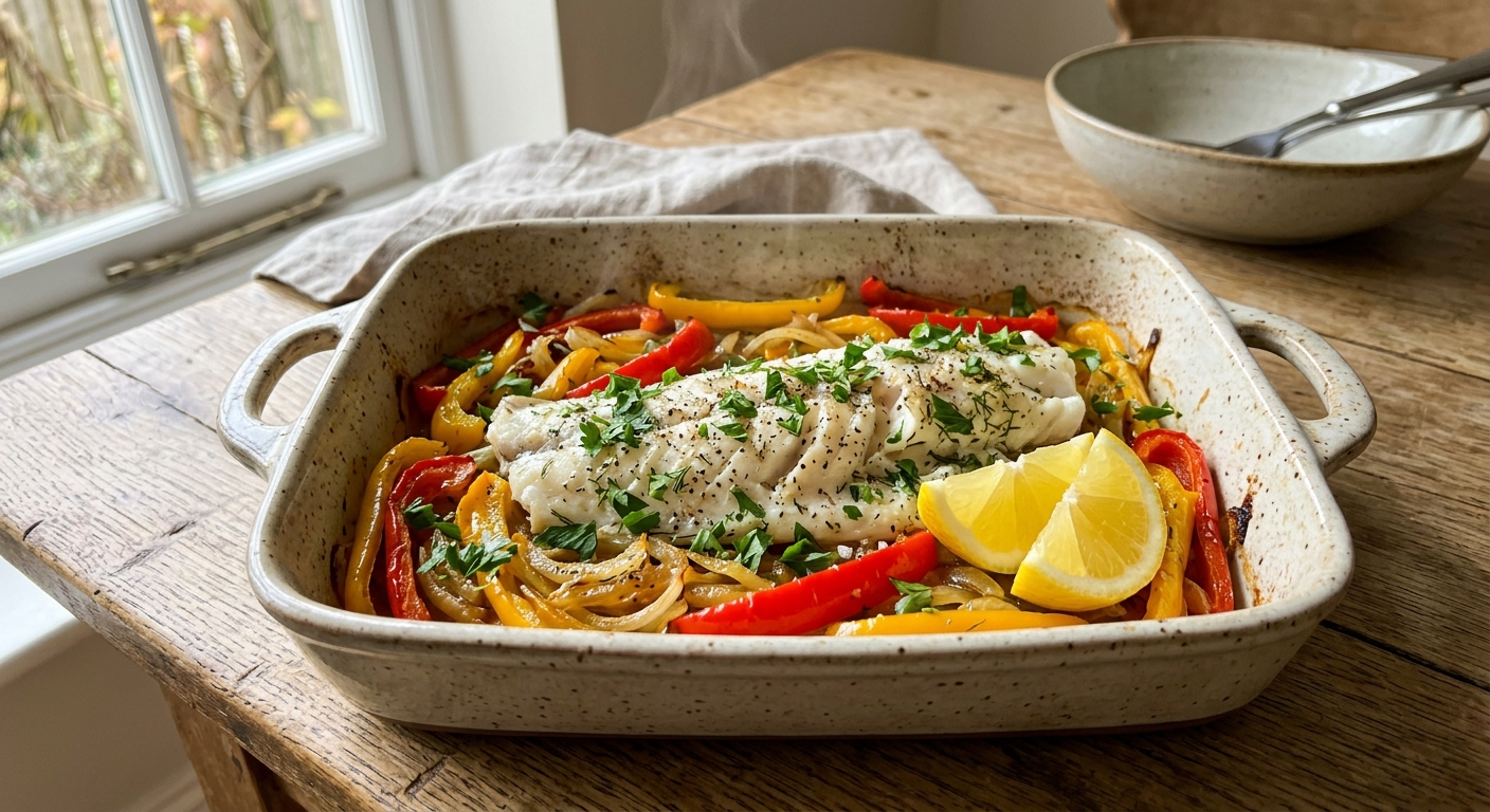 Запечённый хек с болгарским перцем и лимоном