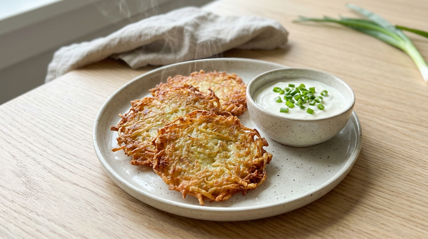Картофельные драники со сметанным соусом и зелёным луком