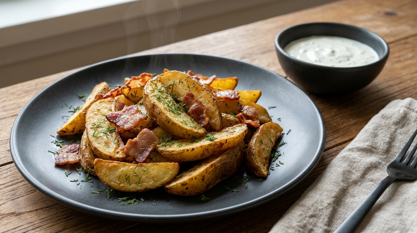 Хрустящий картофель с беконом и сметанно-чесночным соусом