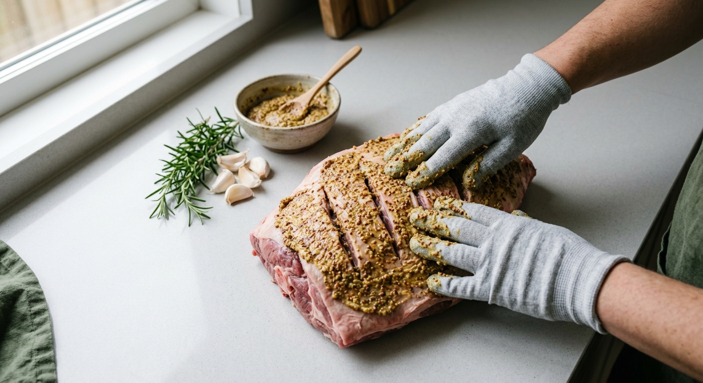 Баранья лопатка с чесноком, розмарином и корочкой из дижонской горчицы — процесс готовки в аэрогриле
