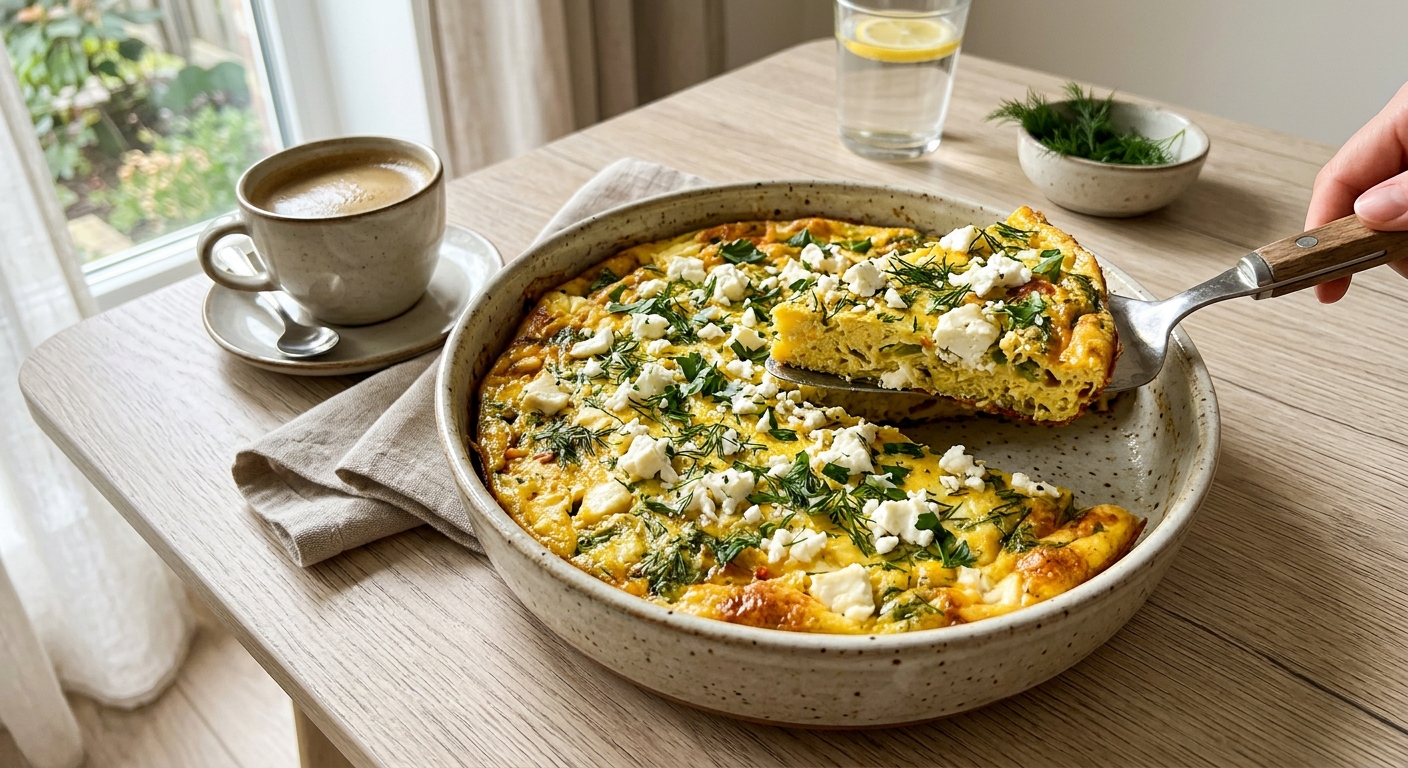 Фриттата с зелёным горошком, брынзой и укропом