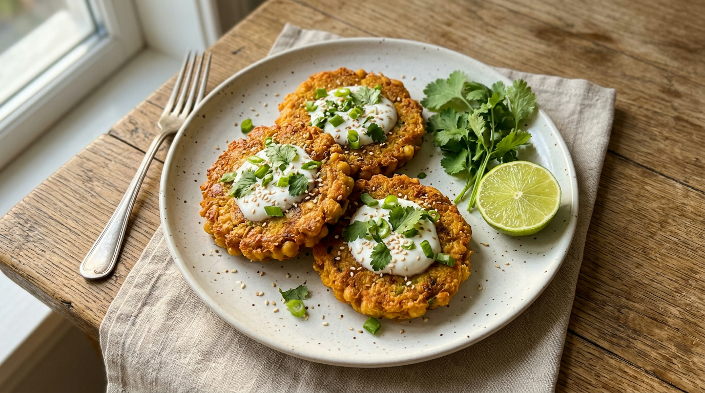 Нутовые оладьи с зелёным луком и кунжутом