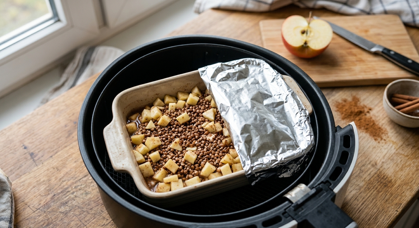 Паровая гречневая каша с яблоком и корицей — процесс готовки в аэрогриле