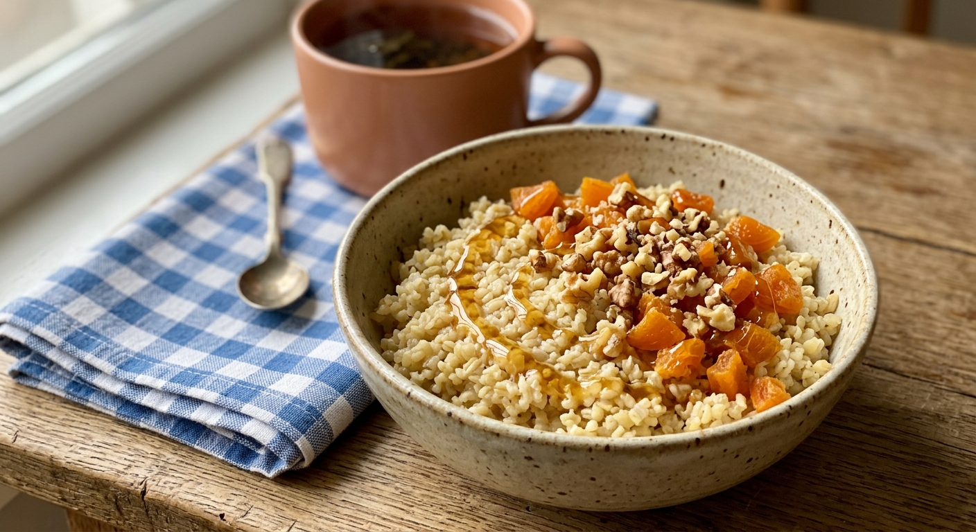 Паровая каша из булгура с курагой и мёдом