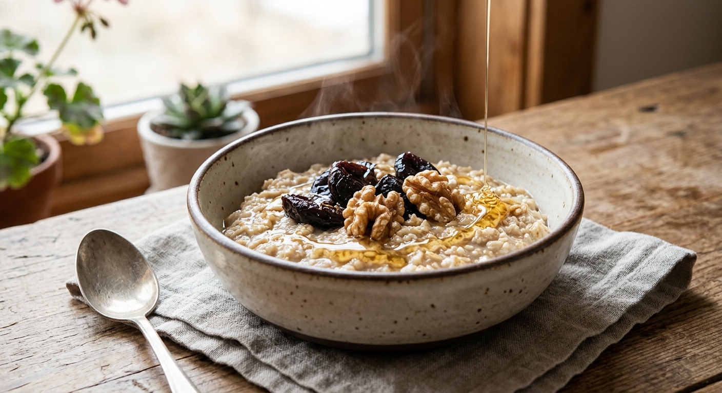 Паровая овсяная каша с черносливом и грецкими орехами