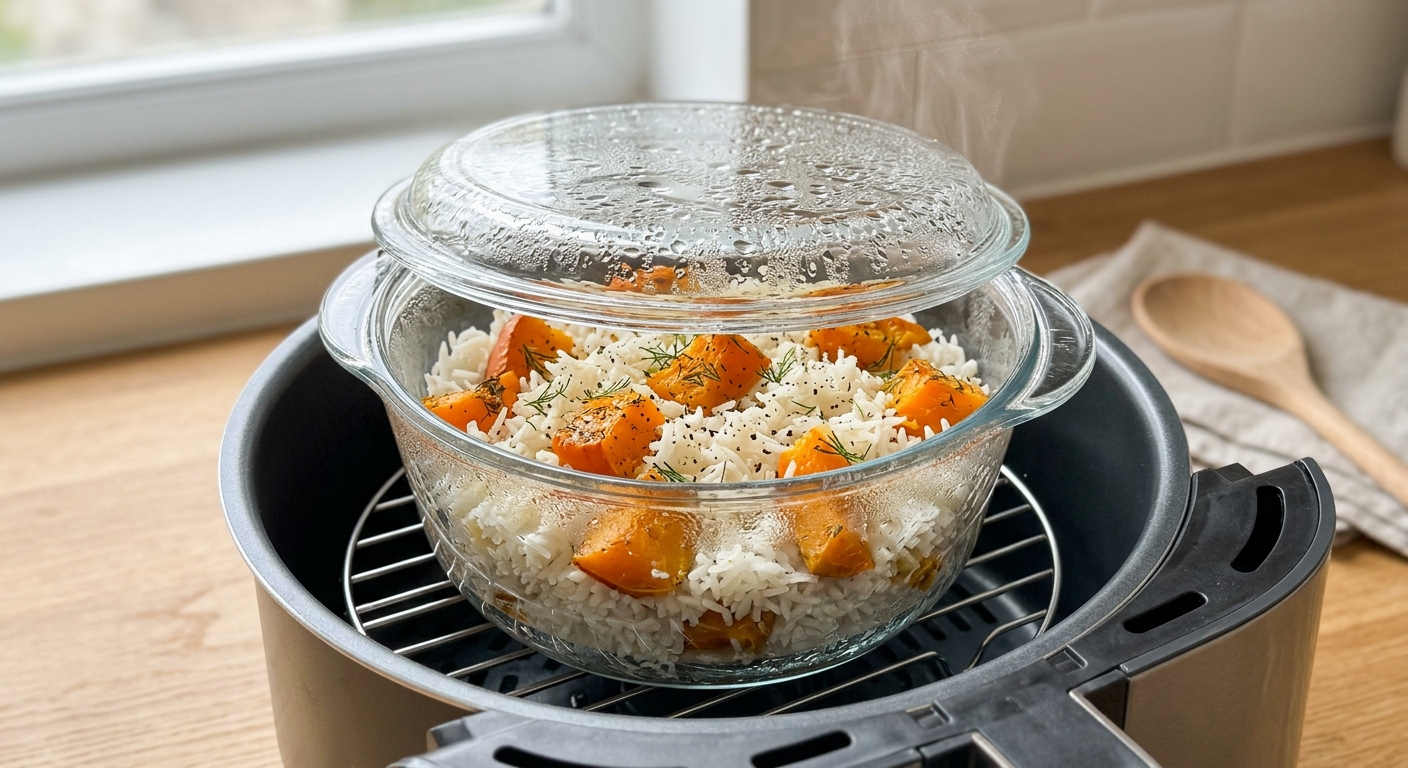 Паровая рисовая каша с тыквой и кокосовым молоком — процесс готовки в аэрогриле