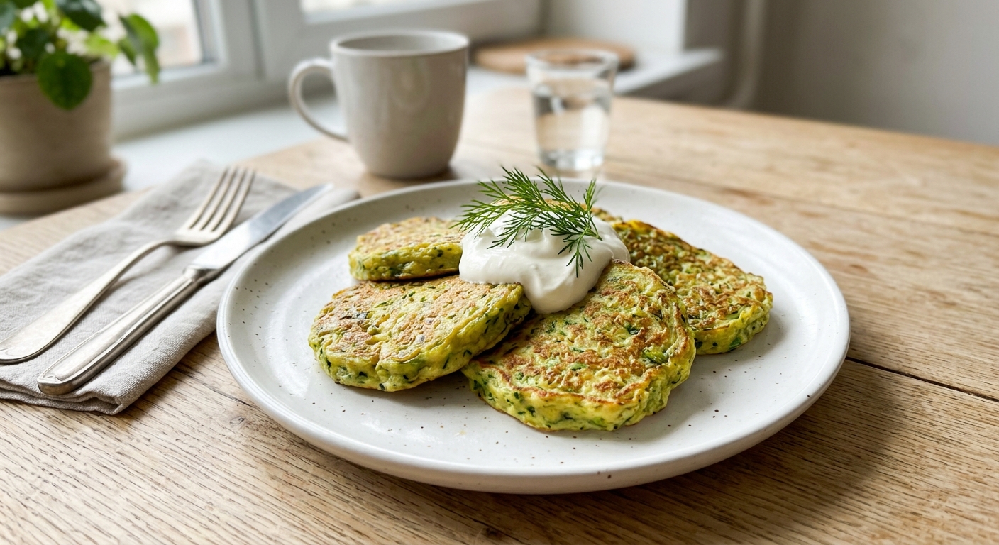 Паровые кабачковые оладьи с творогом и укропом