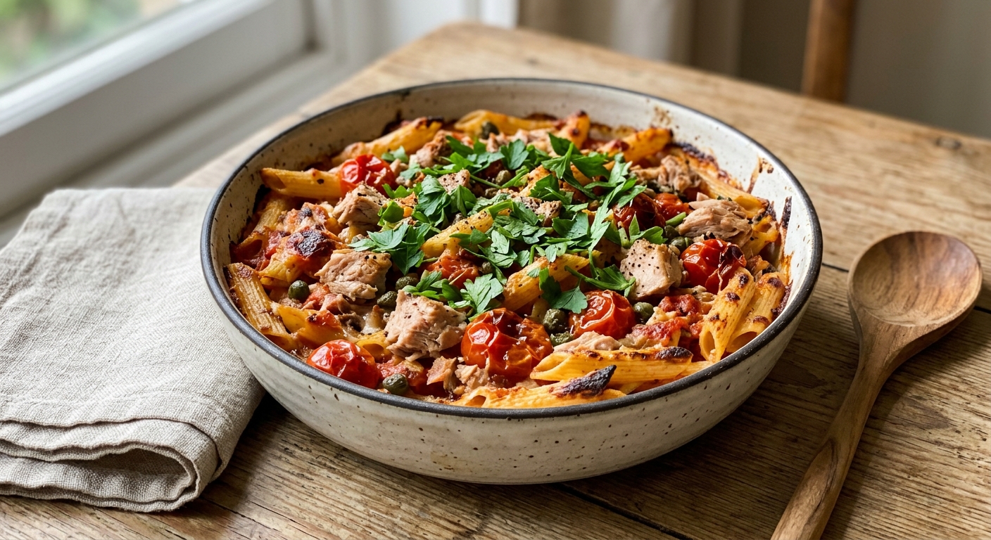 Паста пенне с тунцом и каперсами