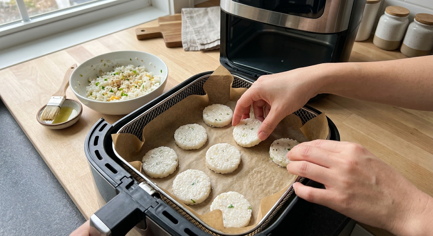 Рисовые лепёшки с яйцом и зелёным луком — процесс готовки в аэрогриле