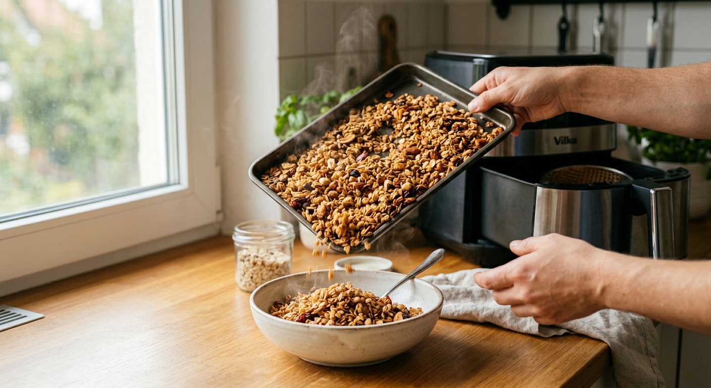 Запечённая гранола с орехами и мёдом — процесс готовки в аэрогриле